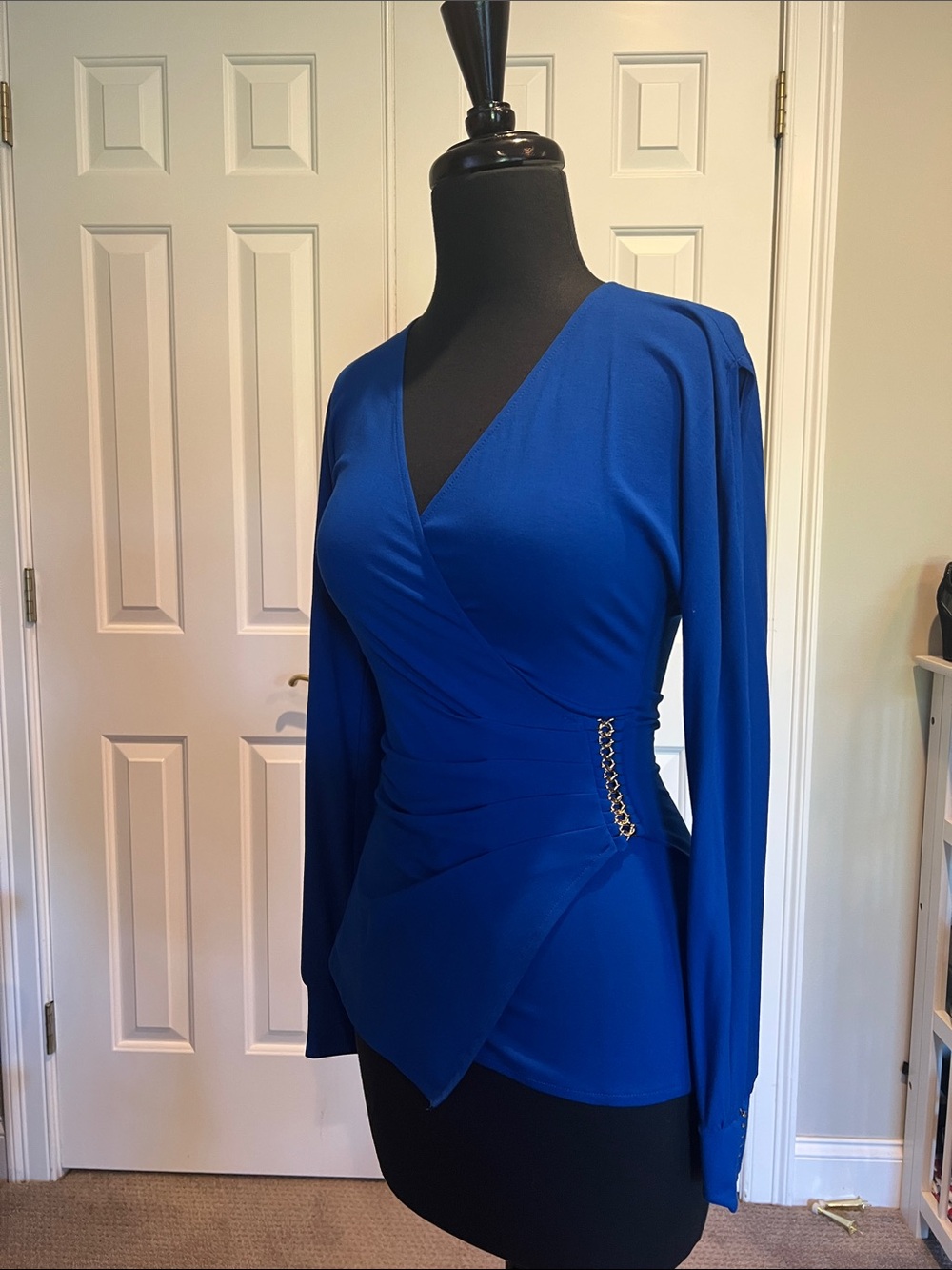 Cache Royal Blue Wrap-Front Long Sleeve Blouse with Chain Detail